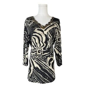 Chico's Black Cream Bead Embellished V-Neck Knit Top Blouse Women Size 2 Large